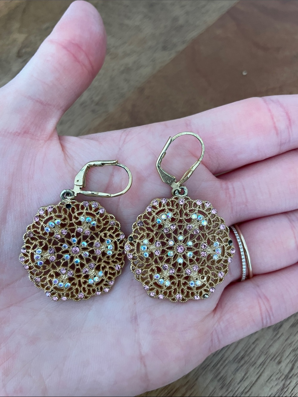 Gold-Tone Filigree Drop Earrings with Pink and Blue Stones